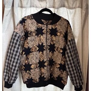 Patchwork Quilt Star Bomber Jacket Plaid Sleeve Steampunk Celestial Zip Women